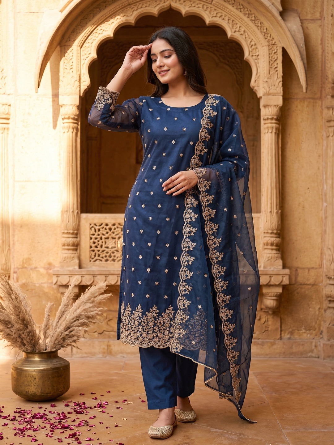 Blue Ethnic Twill Net Dress Material Embellished with Ornate Thread Embroidery - Image 1