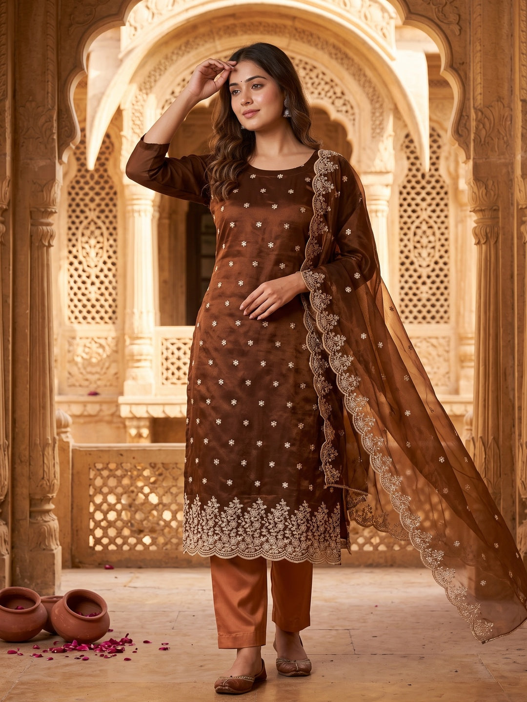 Brown Ethnic Twill Net Dress Material Embellished with Ornate Thread E