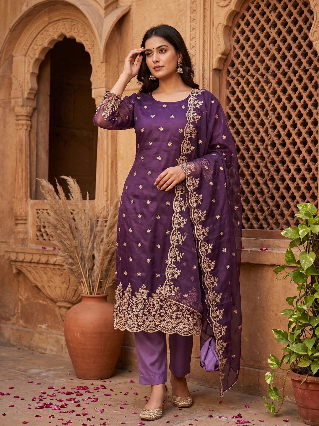 Deep Purple Ethnic Twill Net Dress Material Embellished with Ornate Thread Embroidery - Image 1