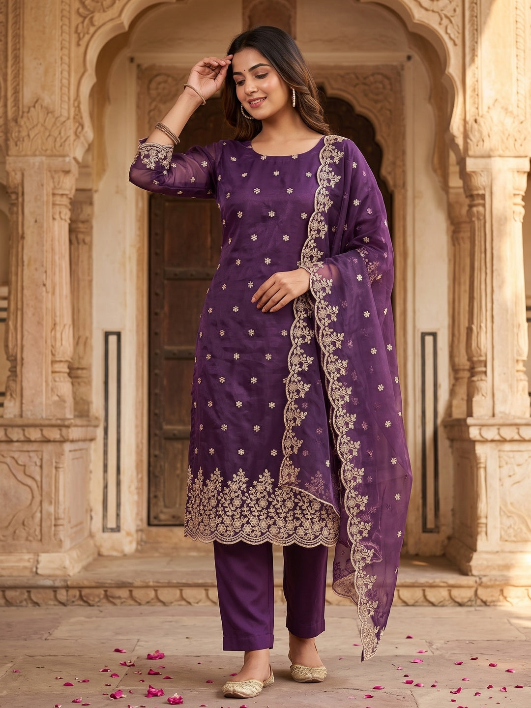 Deep Purple Ethnic Twill Net Dress Material Embellished with Ornate Thread Embroidery - Image 2