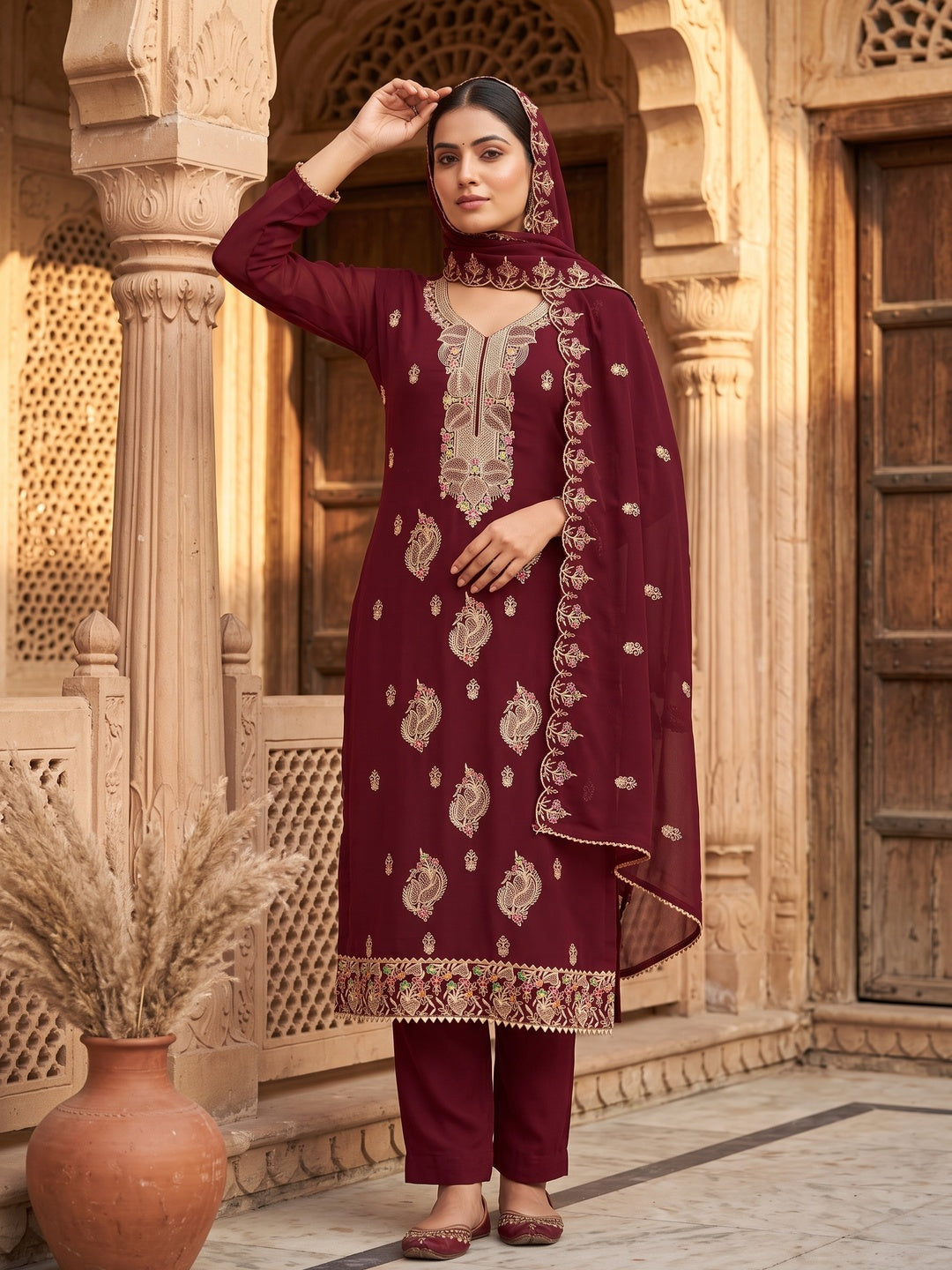 Maroon Georgette Dress Material Adorned With Floral Embroidery & Elegant Lace Border - Image 1
