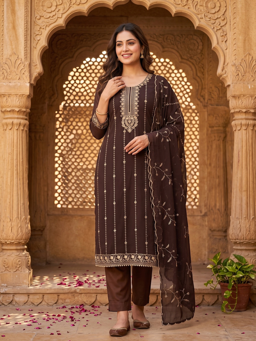 Coffee Brown Georgette Unstitched Dress Material Adorned with Ornate Thread Embroidery - Image 1