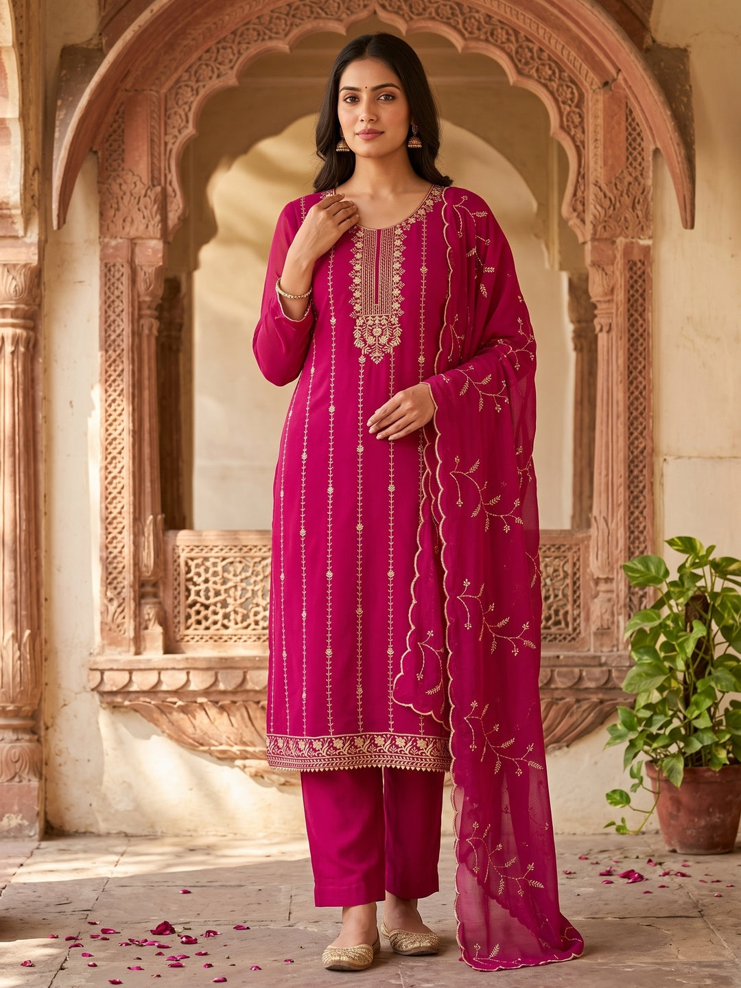 Pink Georgette Unstitched Dress Material Adorned with Ornate Thread Embroidery - Image 1