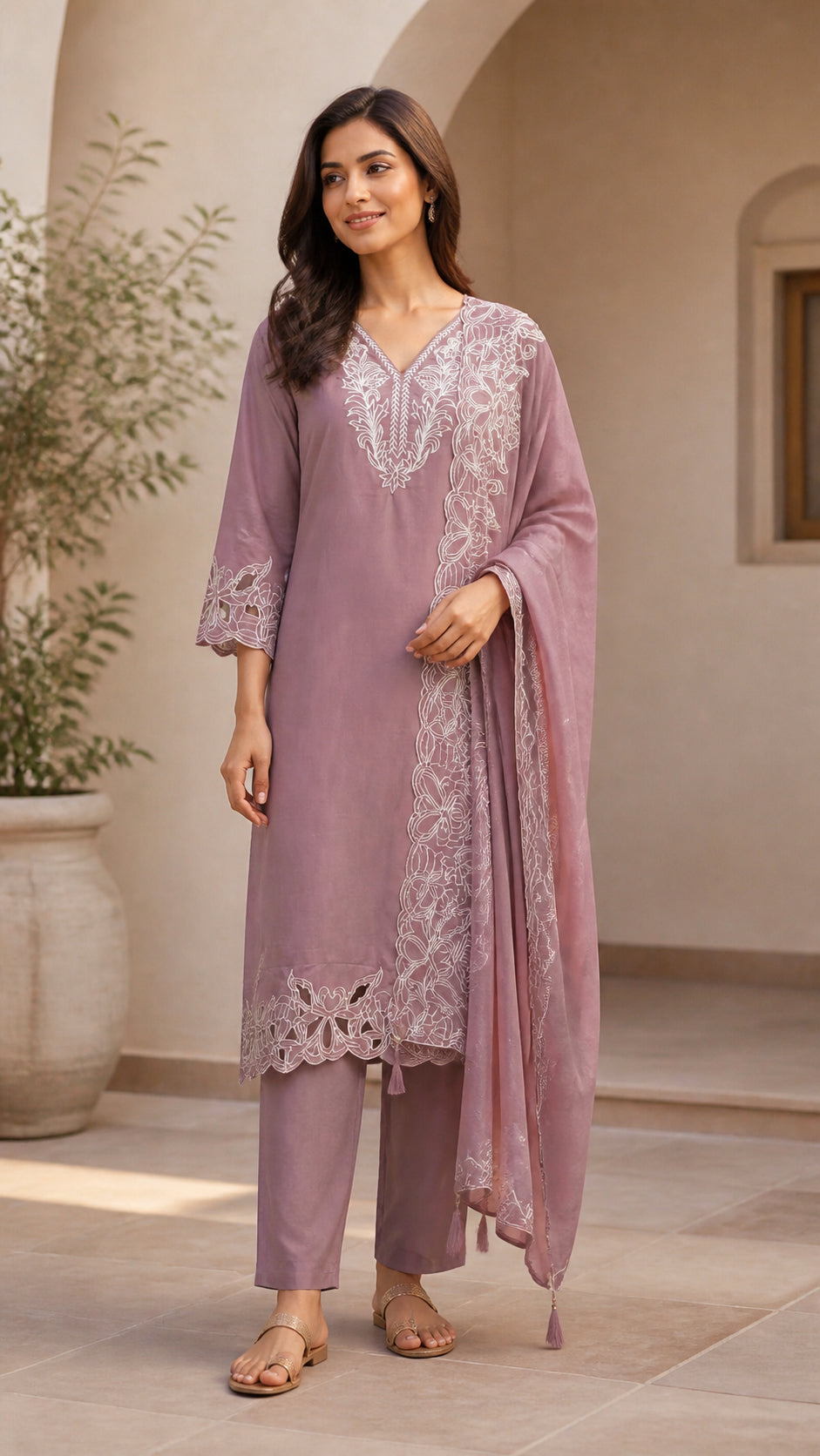 Peachmode Mauve Poly Blend Floral Embroidered Salwar Suit Set - Image 1