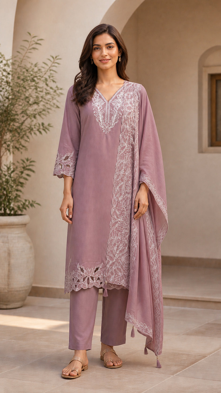 Peachmode Mauve Poly Blend Floral Embroidered Salwar Suit Set - Image 2