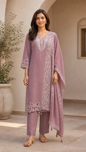 Peachmode Mauve Poly Blend Floral Embroidered Salwar Suit Set - Image 2