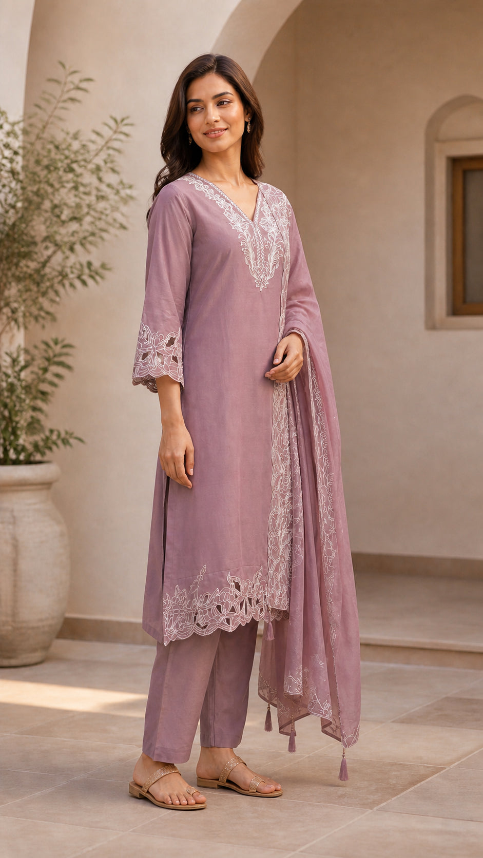 Peachmode Mauve Poly Blend Floral Embroidered Salwar Suit Set - Image 3