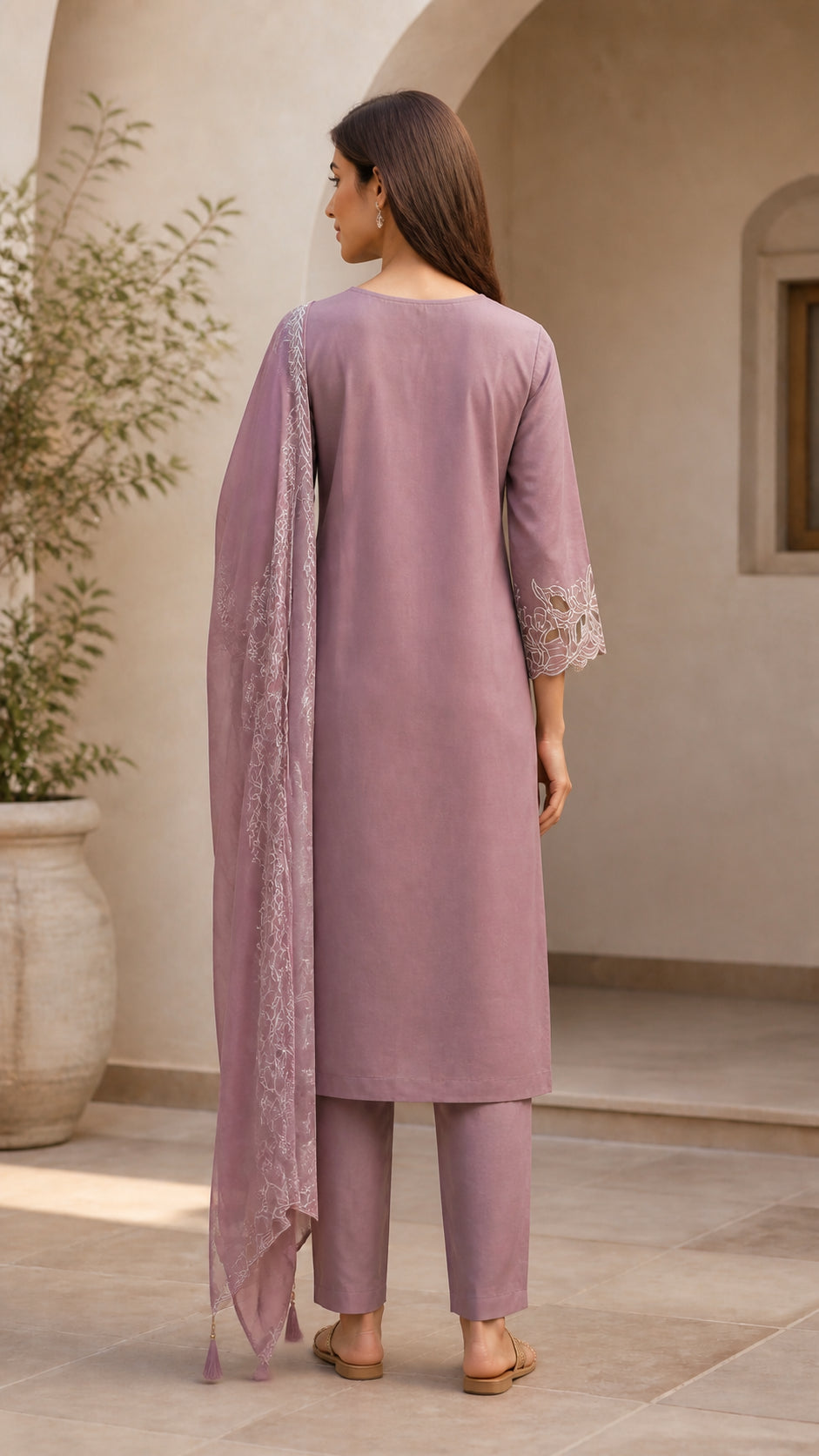 Peachmode Mauve Poly Blend Floral Embroidered Salwar Suit Set - Image 4