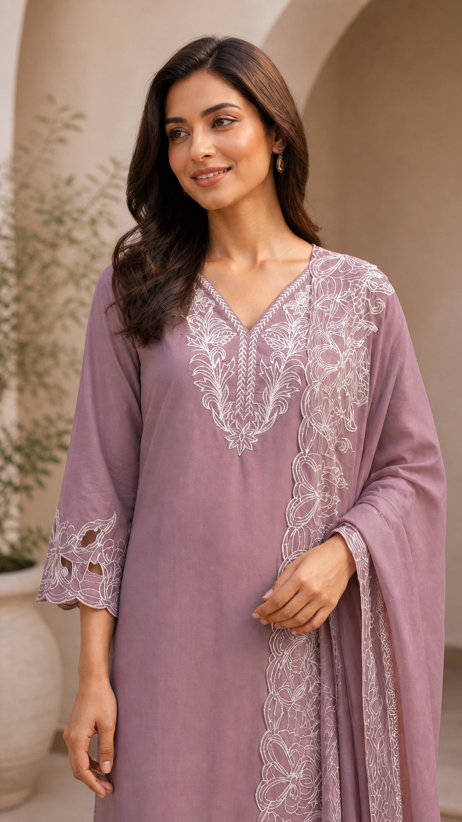 Peachmode Mauve Poly Blend Floral Embroidered Salwar Suit Set - Image 5