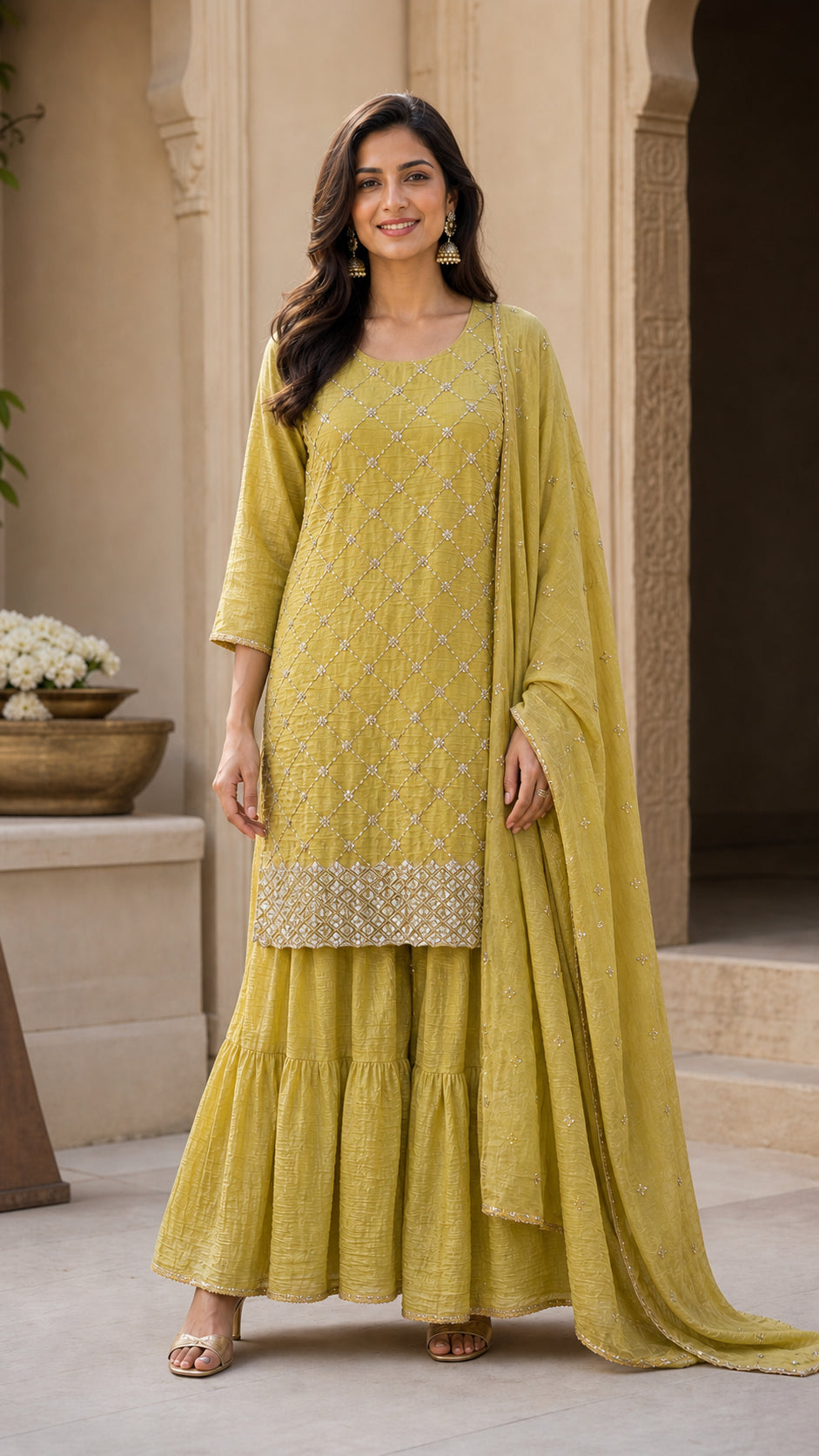 Peachmode Yellow Silk Blend Sequins Embellished Sharara Salwar Suit Set - Image 2