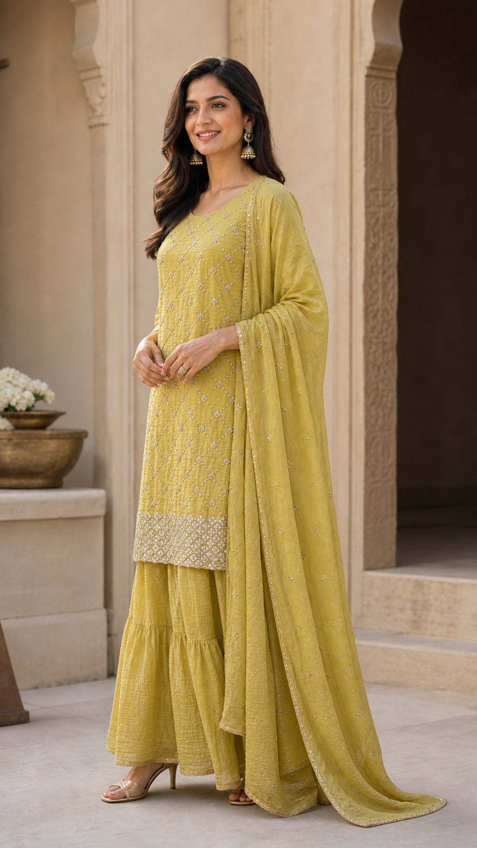Peachmode Yellow Silk Blend Sequins Embellished Sharara Salwar Suit Set - Image 3
