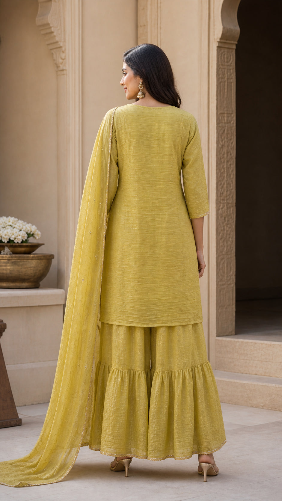 Peachmode Yellow Silk Blend Sequins Embellished Sharara Salwar Suit Set - Image 4