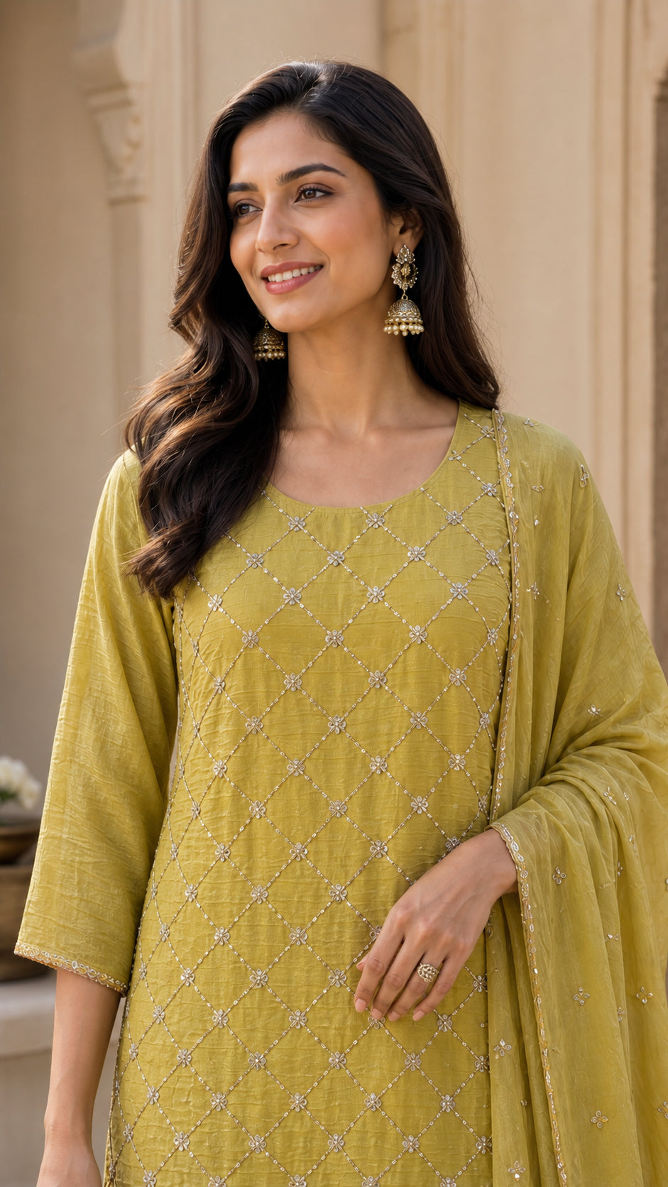 Peachmode Yellow Silk Blend Sequins Embellished Sharara Salwar Suit Set - Image 5