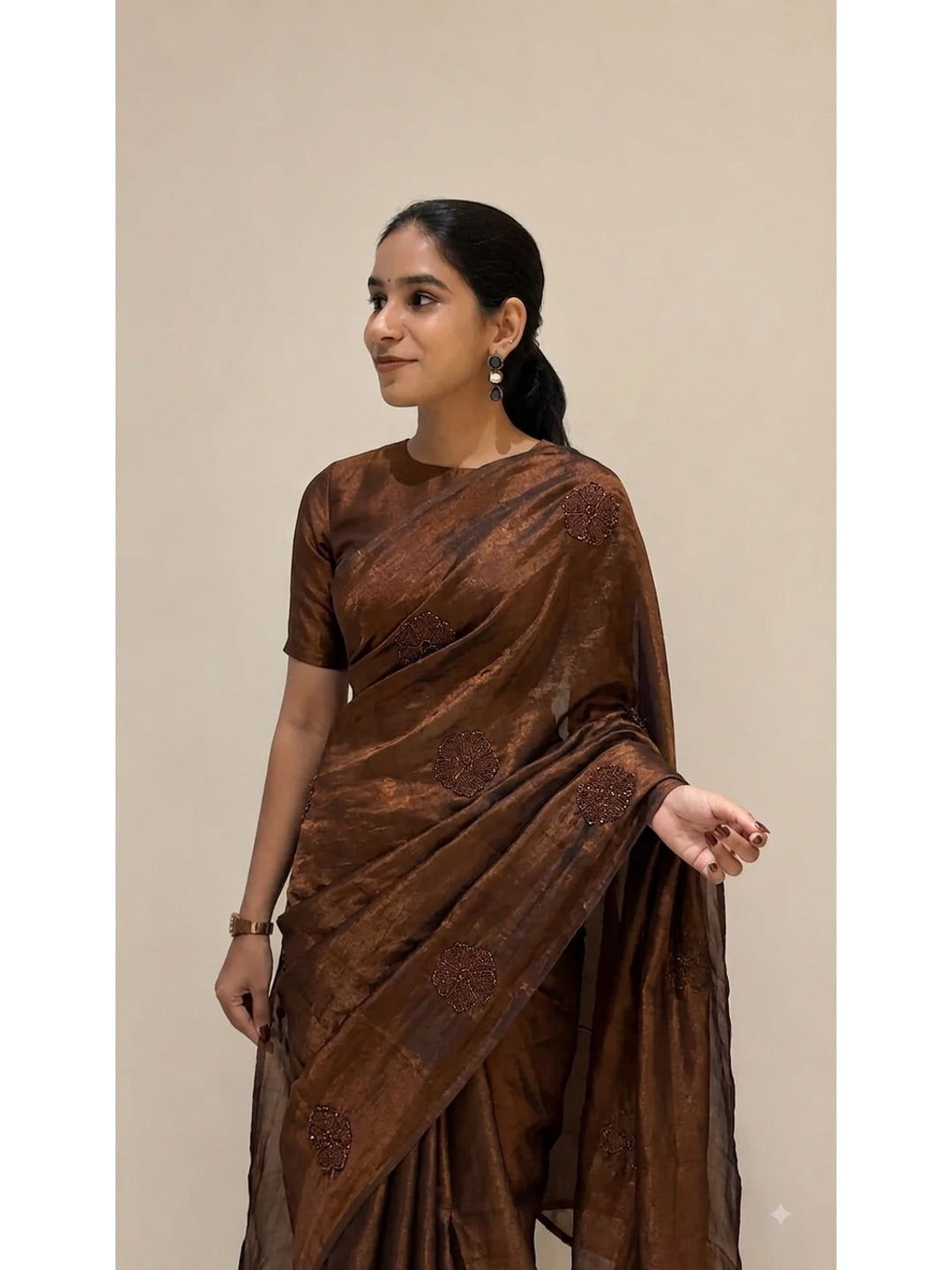 Peachmode Brown Bead Embroidered Fandy Satin Saree - Image 2