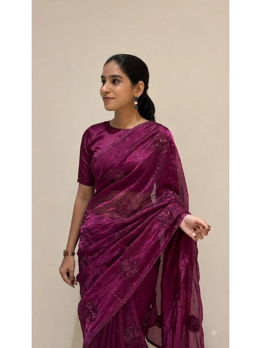 Peachmode Magenta Bead Embroidered Fandy Satin Saree - Image 2