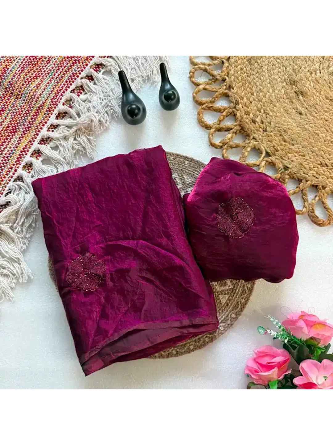 Peachmode Magenta Bead Embroidered Fandy Satin Saree - Image 3