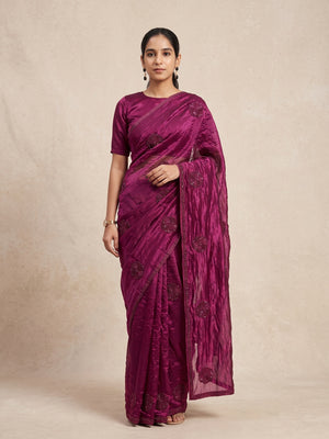 Peachmode Magenta Bead Embroidered Fandy Satin Saree - Image 1