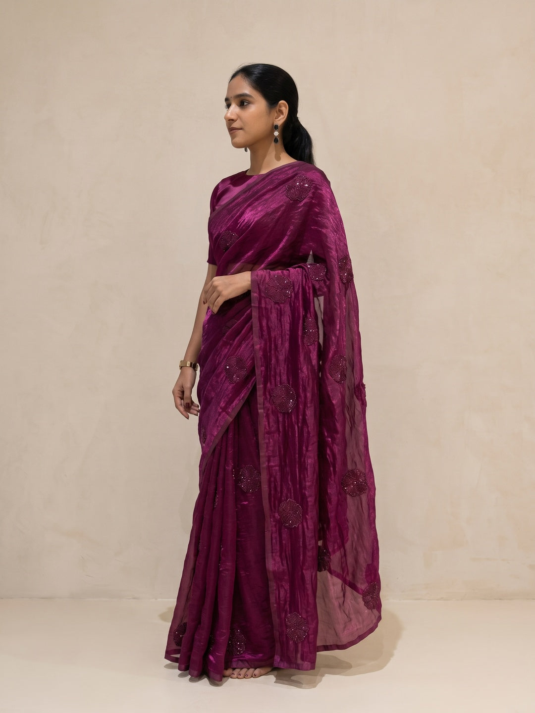 Peachmode Magenta Bead Embroidered Fandy Satin Saree - Image 4