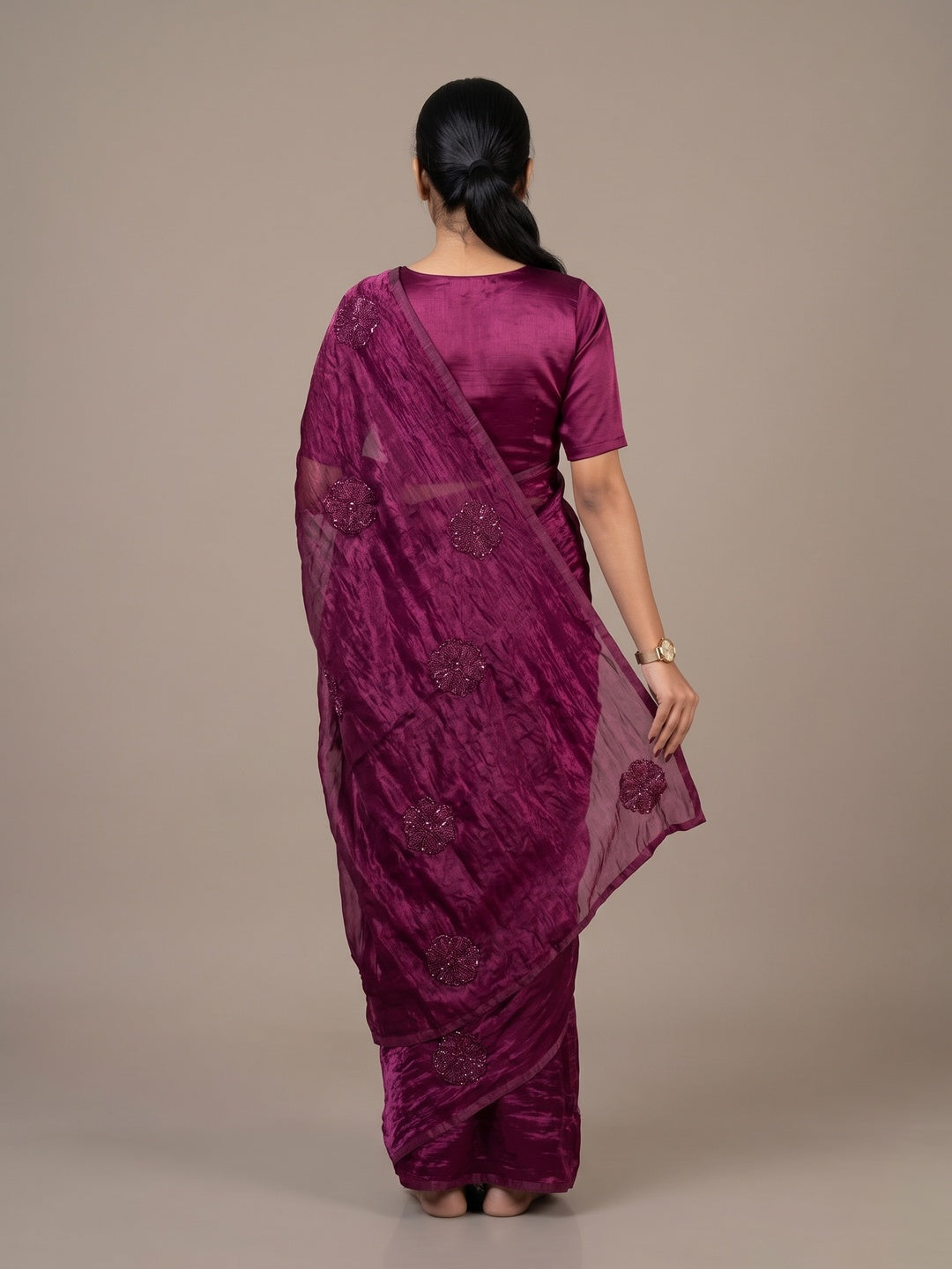 Peachmode Magenta Bead Embroidered Fandy Satin Saree - Image 5