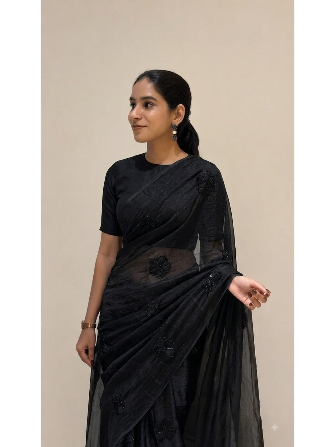 Peachmode Black Bead Embroidered Fandy Satin Saree - Image 2