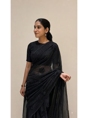 Peachmode Black Bead Embroidered Fandy Satin Saree - Image 2