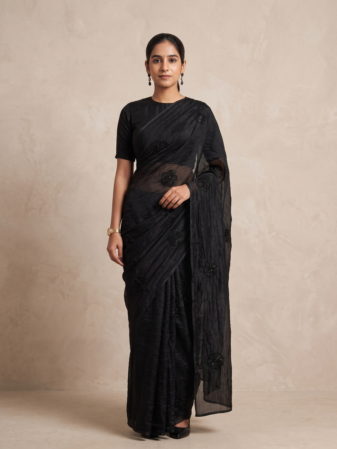 Peachmode Black Bead Embroidered Fandy Satin Saree - Image 1