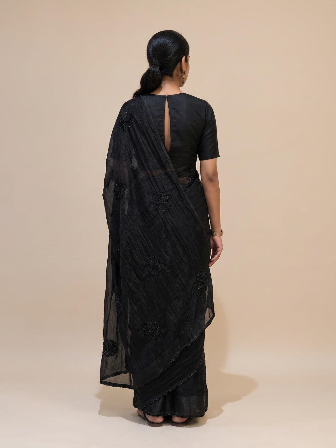 Peachmode Black Bead Embroidered Fandy Satin Saree - Image 5