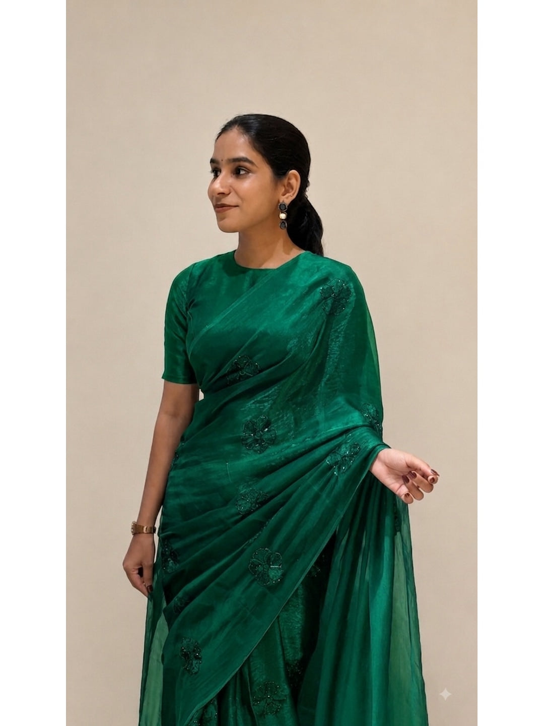 Peachmode Green Bead Embroidered Fandy Satin Saree - Image 2