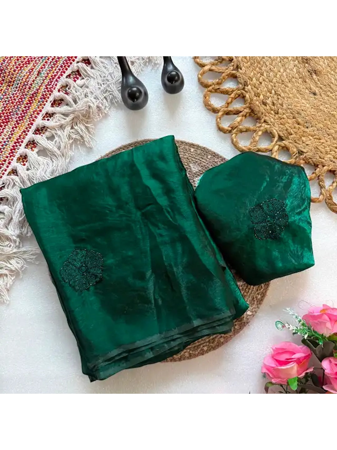 Peachmode Green Bead Embroidered Fandy Satin Saree - Image 3