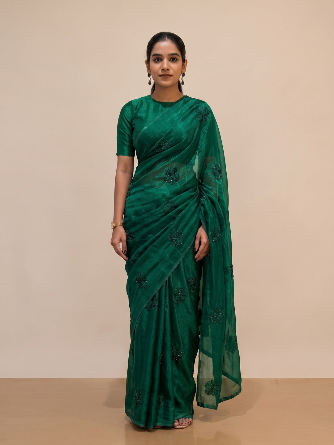 Peachmode Green Bead Embroidered Fandy Satin Saree - Image 1