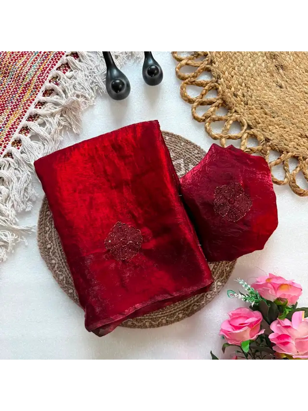 Peachmode Red Bead Embroidered Fandy Satin Saree - Image 3