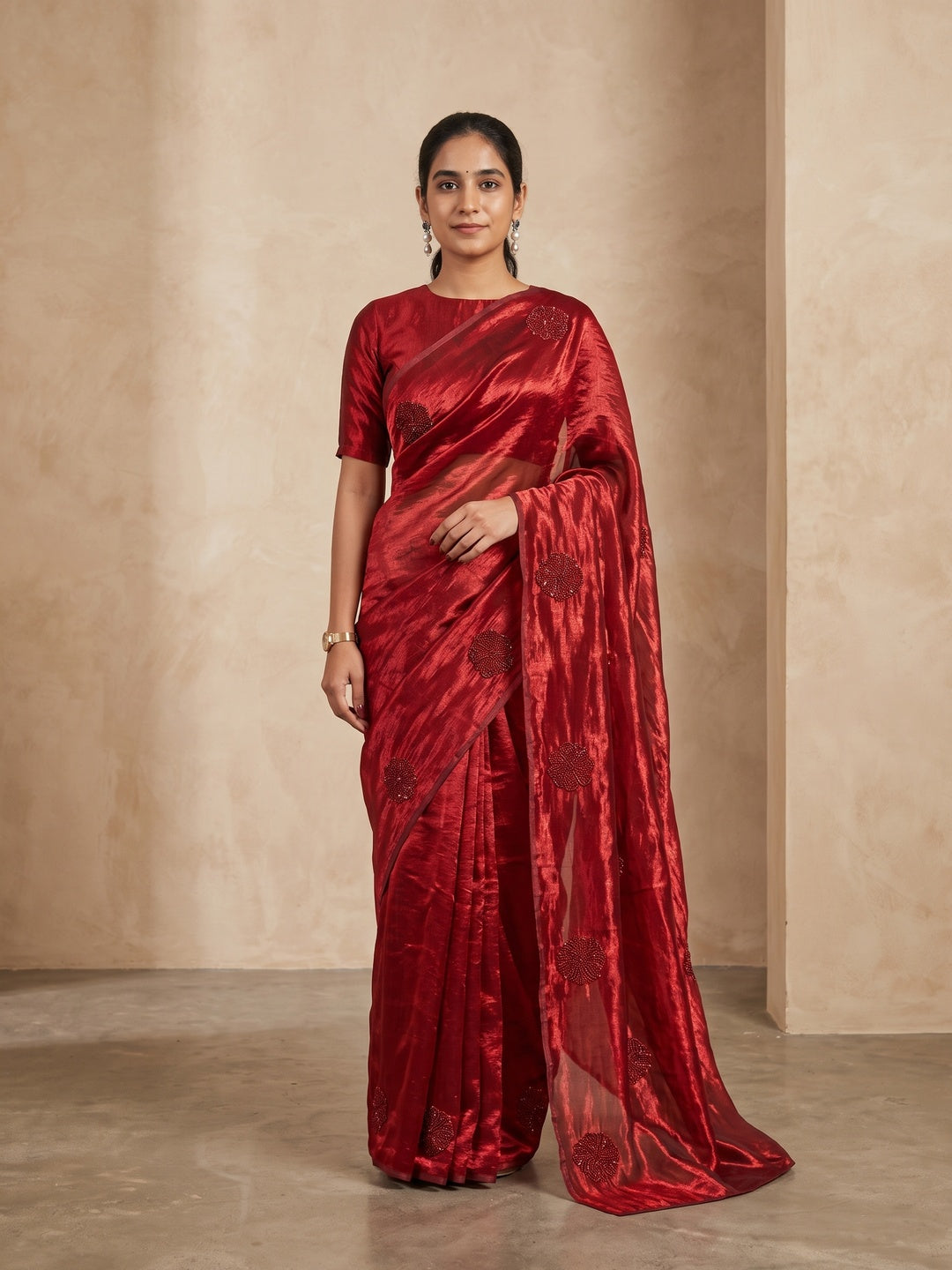 Peachmode Red Bead Embroidered Fandy Satin Saree - Image 1