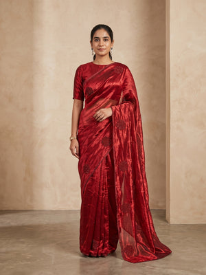 Peachmode Red Bead Embroidered Fandy Satin Saree - Image 1