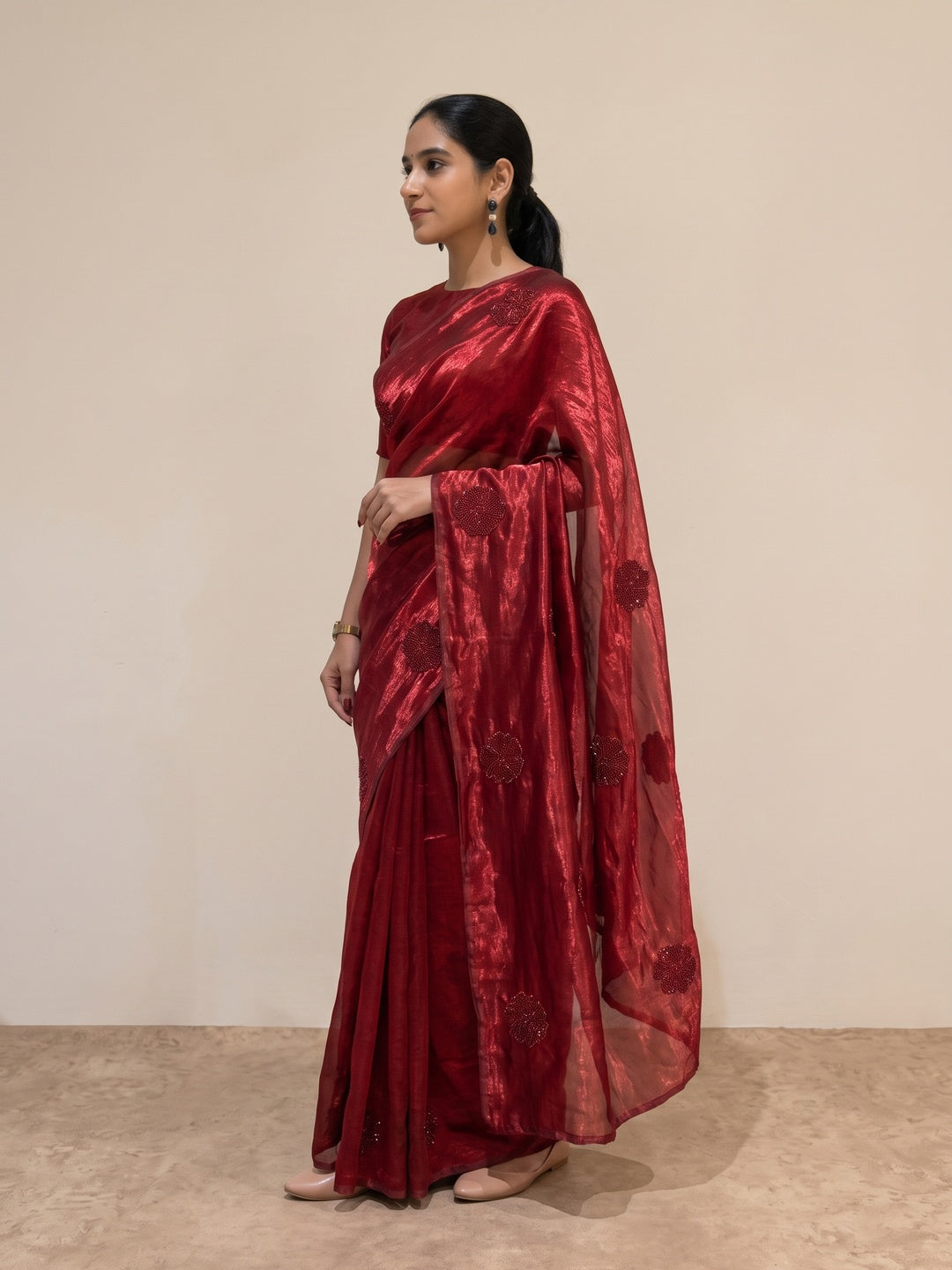 Peachmode Red Bead Embroidered Fandy Satin Saree - Image 4