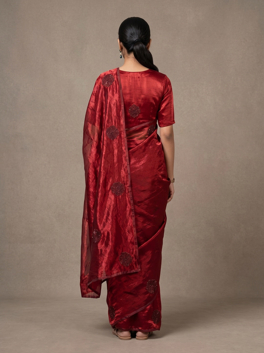 Peachmode Red Bead Embroidered Fandy Satin Saree - Image 5