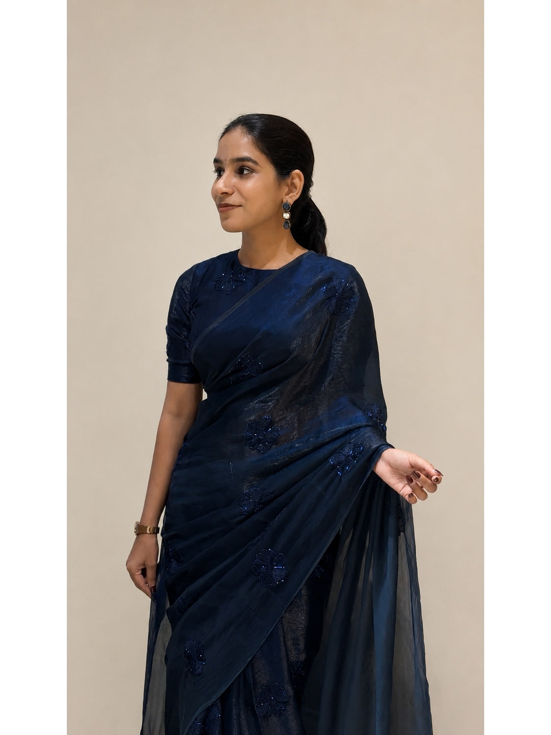 Peachmode Navy Blue Bead Embroidered Fandy Satin Saree - Image 2