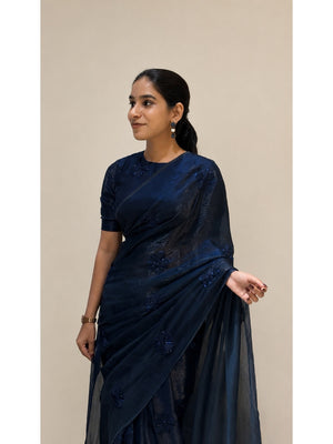Peachmode Navy Blue Bead Embroidered Fandy Satin Saree - Image 2
