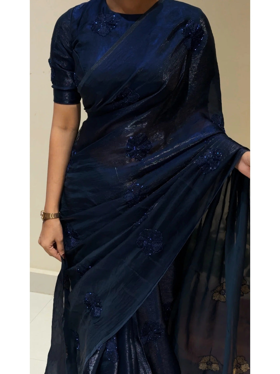 Peachmode Navy Blue Bead Embroidered Fandy Satin Saree - Image 3