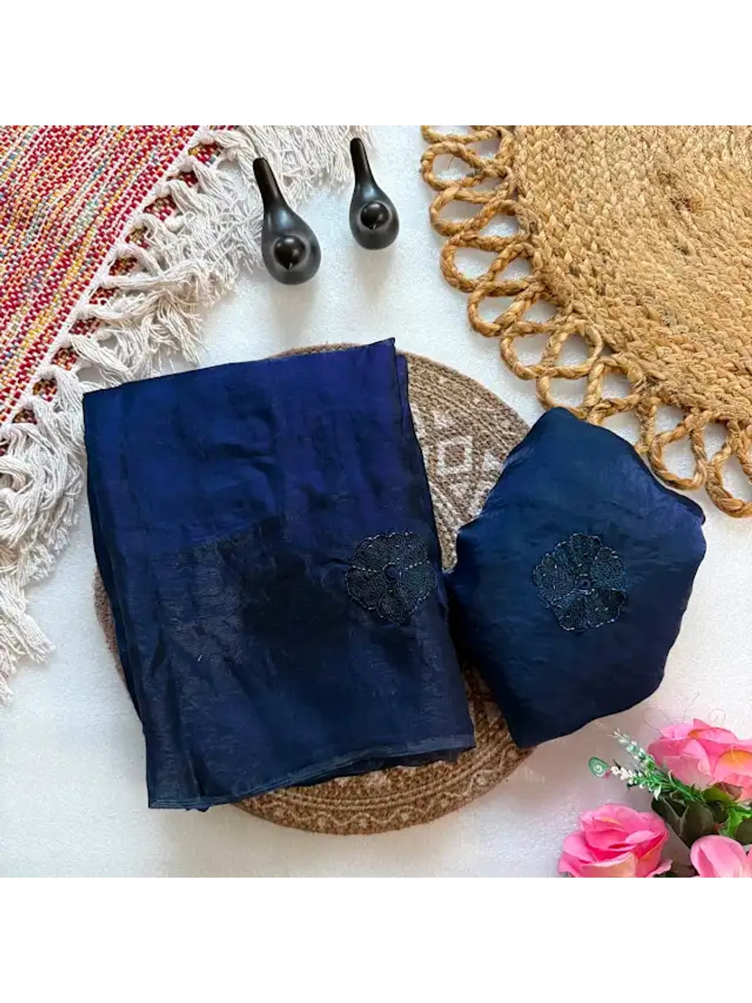 Peachmode Navy Blue Bead Embroidered Fandy Satin Saree - Image 4
