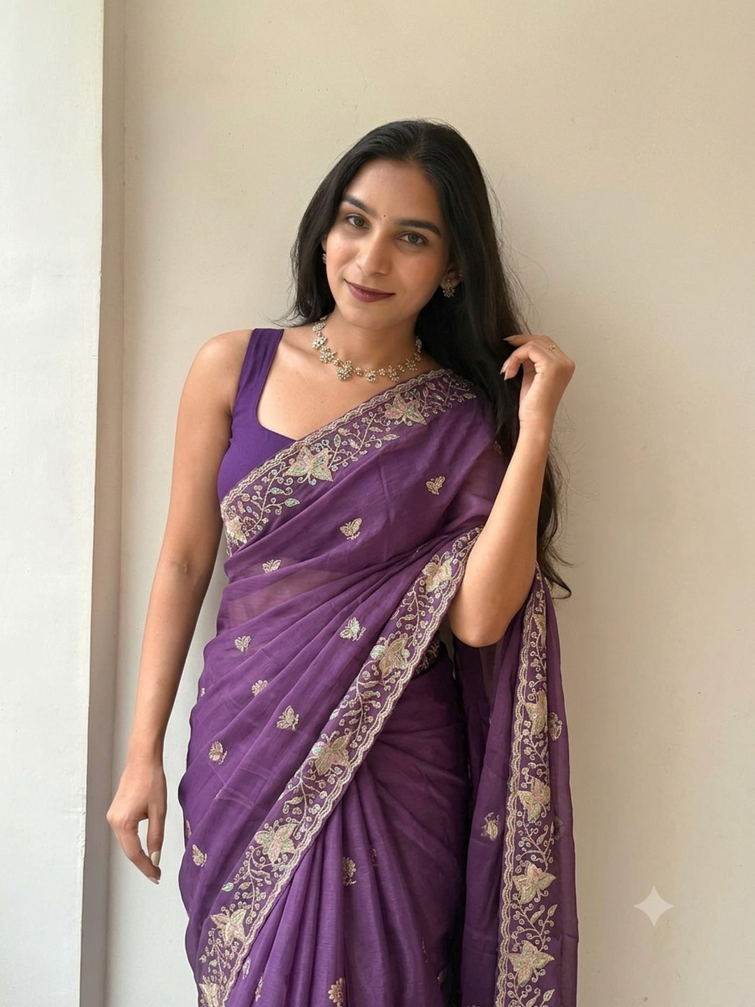 Peachmode Purple Sequin Embroidered Star Georgette Saree - Image 1