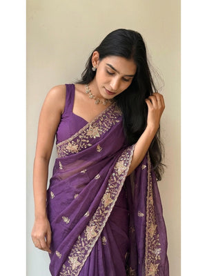 Peachmode Purple Sequin Embroidered Star Georgette Saree - Image 2