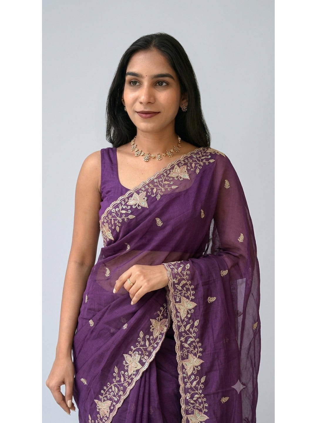 Peachmode Purple Sequin Embroidered Star Georgette Saree - Image 3