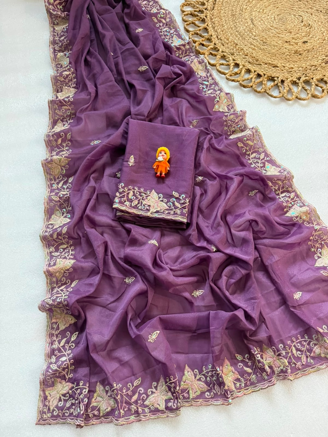 Peachmode Purple Sequin Embroidered Star Georgette Saree - Image 4
