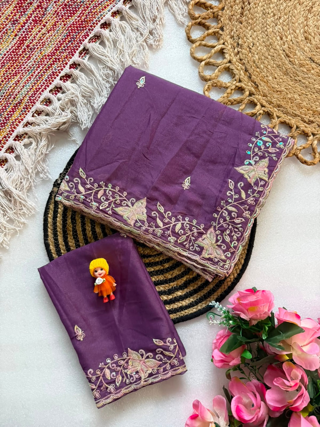 Peachmode Purple Sequin Embroidered Star Georgette Saree - Image 5