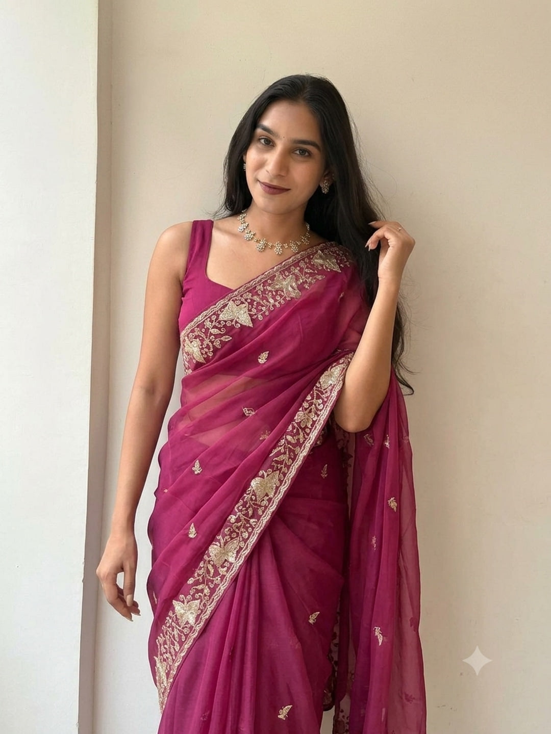 Peachmode Magenta Sequin Embroidered Star Georgette Saree - Image 1