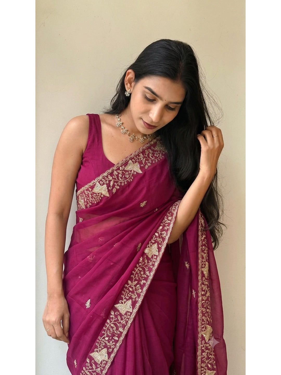 Peachmode Magenta Sequin Embroidered Star Georgette Saree - Image 2