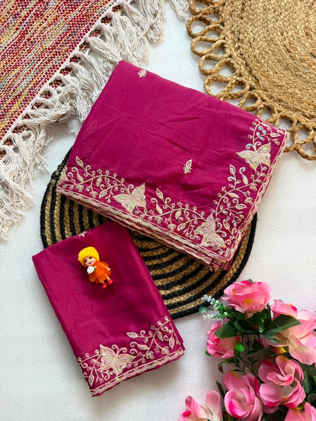 Peachmode Magenta Sequin Embroidered Star Georgette Saree - Image 5