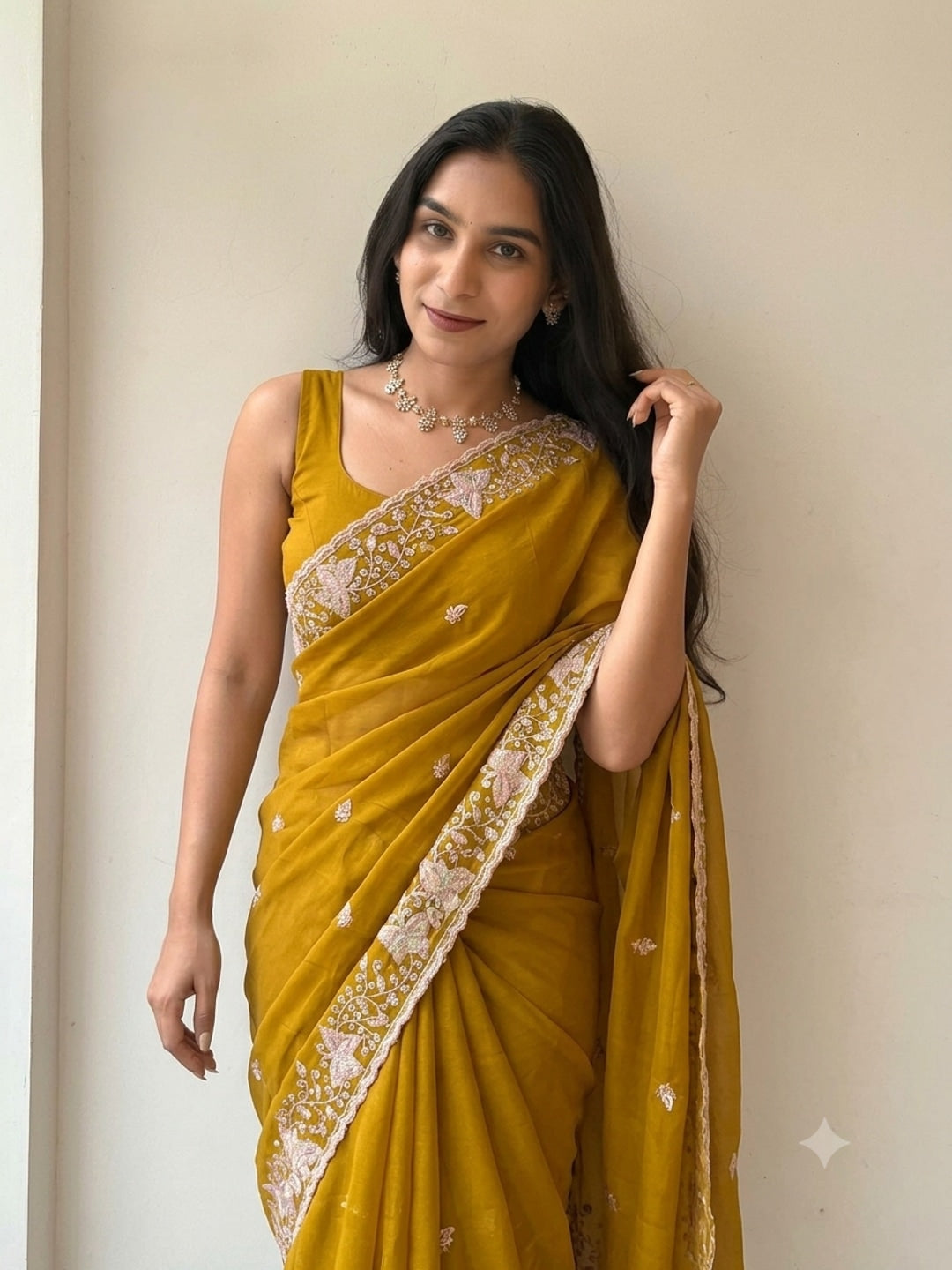 Peachmode Mustard Sequin Embroidered Star Georgette Saree - Image 1
