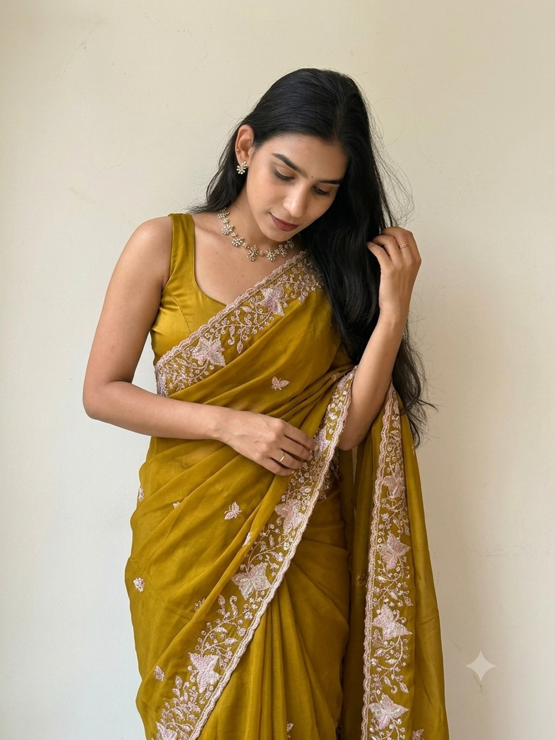 Peachmode Mustard Sequin Embroidered Star Georgette Saree - Image 2