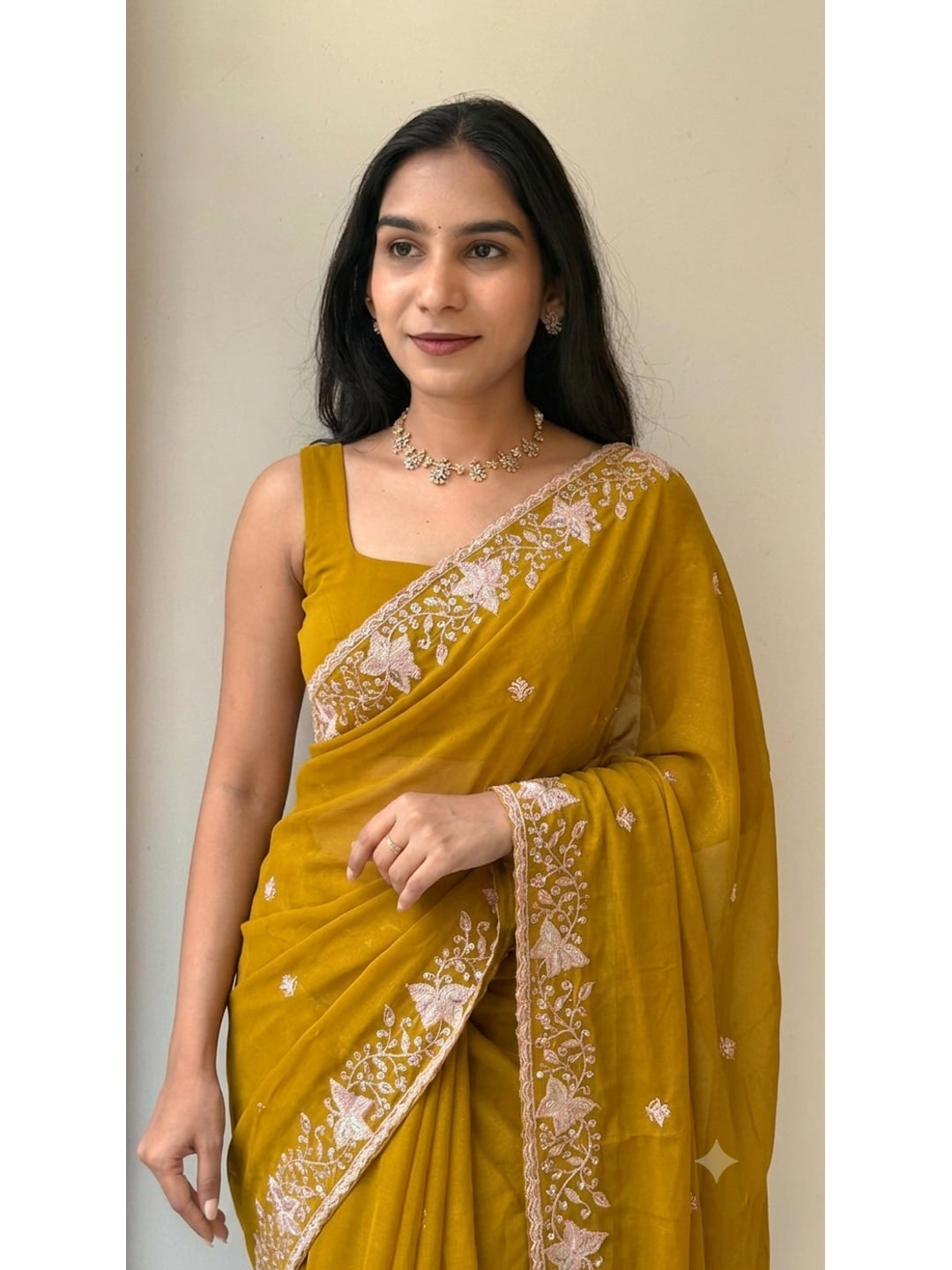 Peachmode Mustard Sequin Embroidered Star Georgette Saree - Image 3